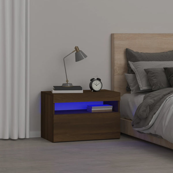 Nattbord med LED brun eik 60x35x40 cm