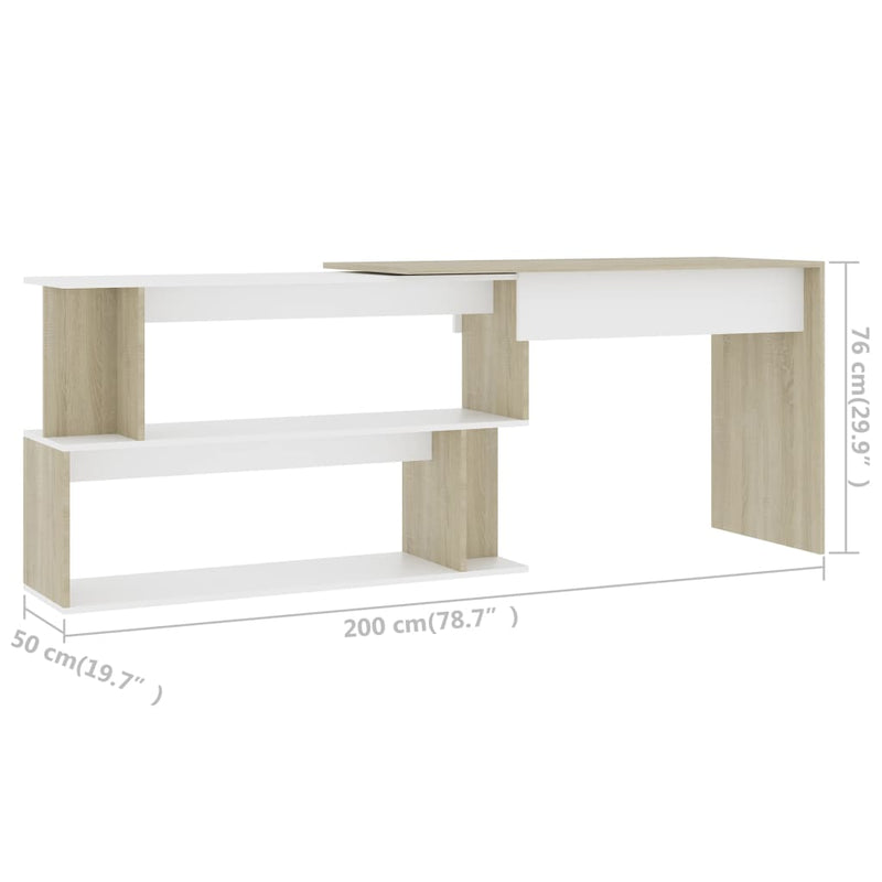 Hjørneskrivebord hvit og sonoma eik 200x50x76 cm sponplate