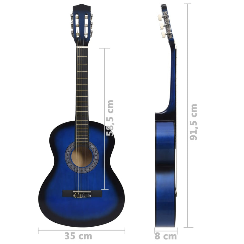 Klassisk gitar sett for nybegynnere og barn 8 deler 3/4 36" blå