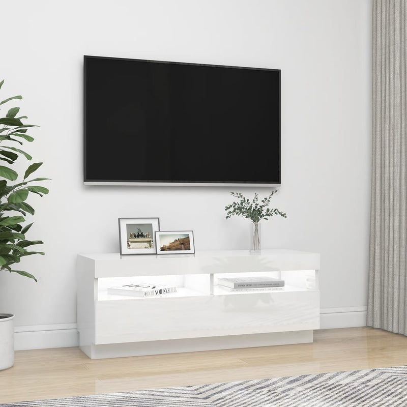 TV-benk med LED-lys høyglans hvit 100x35x40 cm