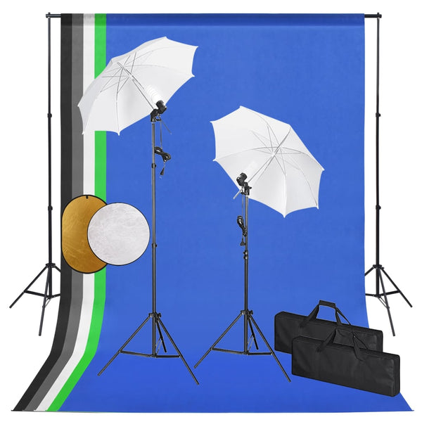 Fotostudiosett med lamper, paraplyer, bakgrunn og reflektor