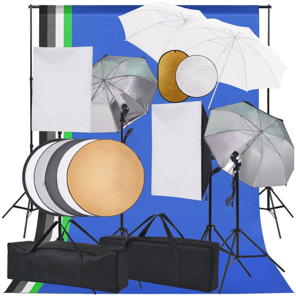 Fotostudiosett med softboks lys, paraplyer, bakgrunn, reflektor