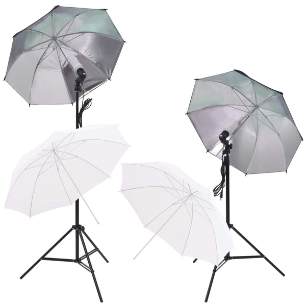 Fotostudiosett med softboks lys, paraplyer, bakgrunn, reflektor