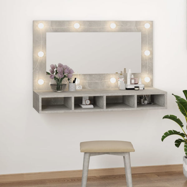 Speilskap med LED betonggrå 90x31,5x62 cm