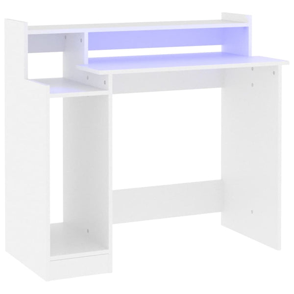 Skrivebord med LED-lys hvit 97x90x45 cm konstruert tre