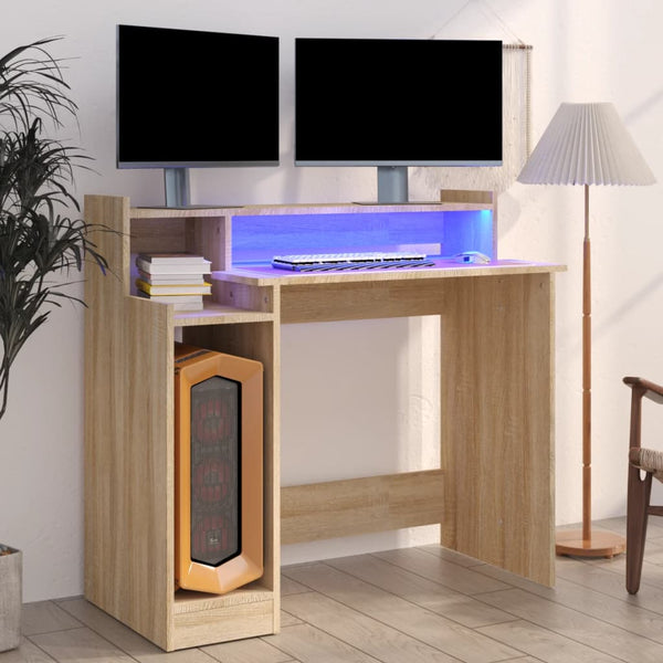 Skrivebord med LED-lys sonoma eik 97x90x45 cm konstruert tre
