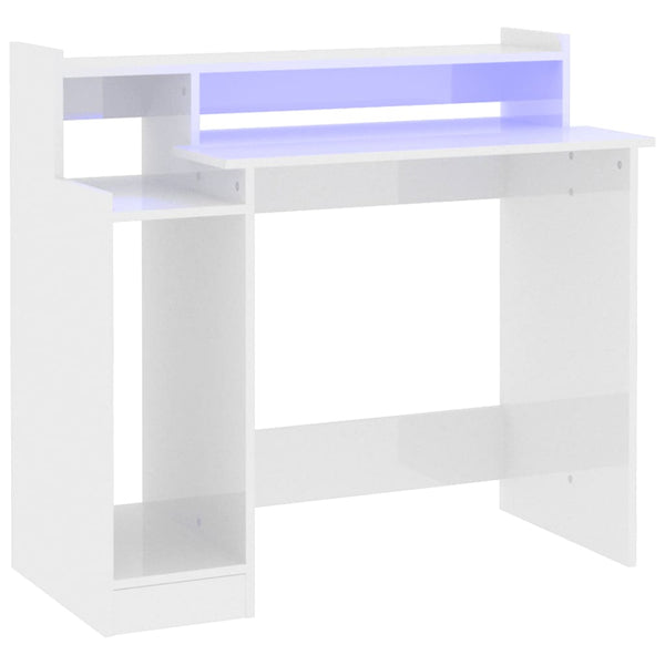 Skrivebord med LED-lys høyglans hvit 97x90x45 cm konstruert tre