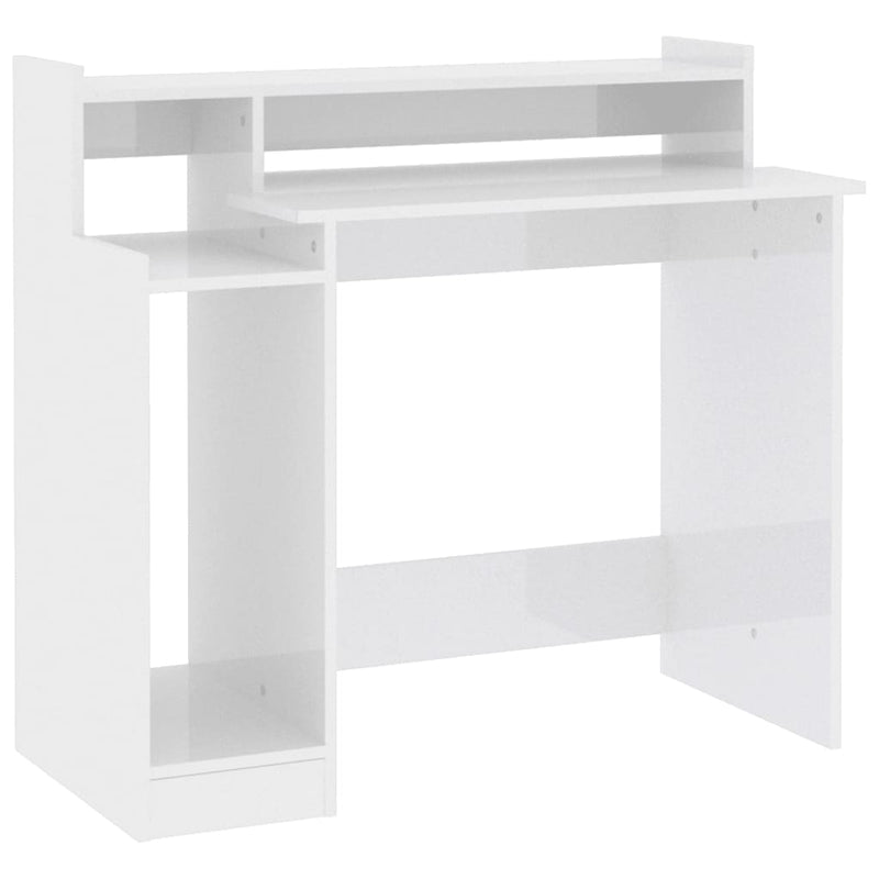 Skrivebord med LED-lys høyglans hvit 97x90x45 cm konstruert tre