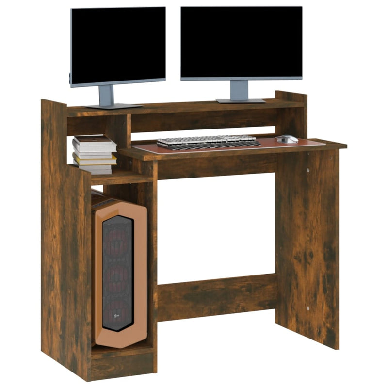 Skrivebord med LED-lys røkt eik 97x90x45 cm konstruert tre