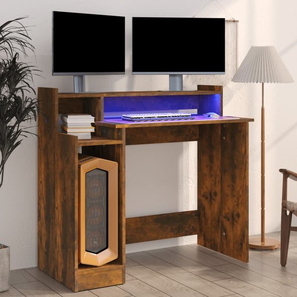 Skrivebord med LED-lys røkt eik 97x90x45 cm konstruert tre