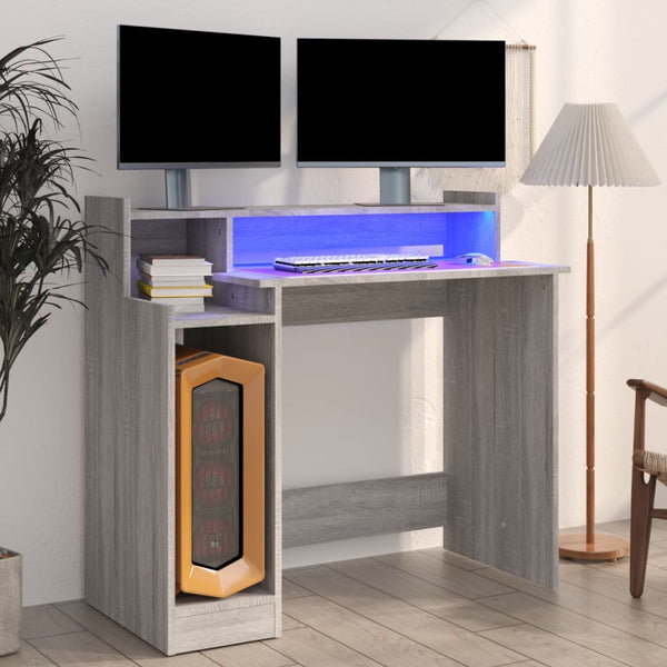 Skrivebord med LED-lys grå sonoma 97x90x45 cm konstruert tre