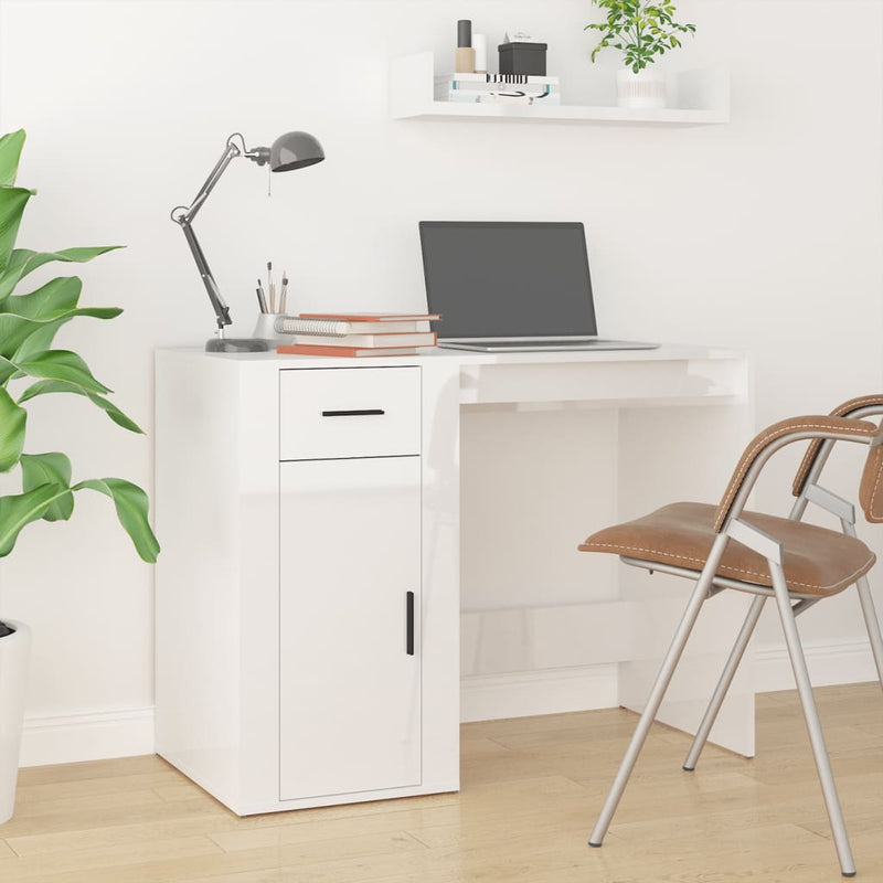 Skrivebord med skap høyglans hvit konstruert tre