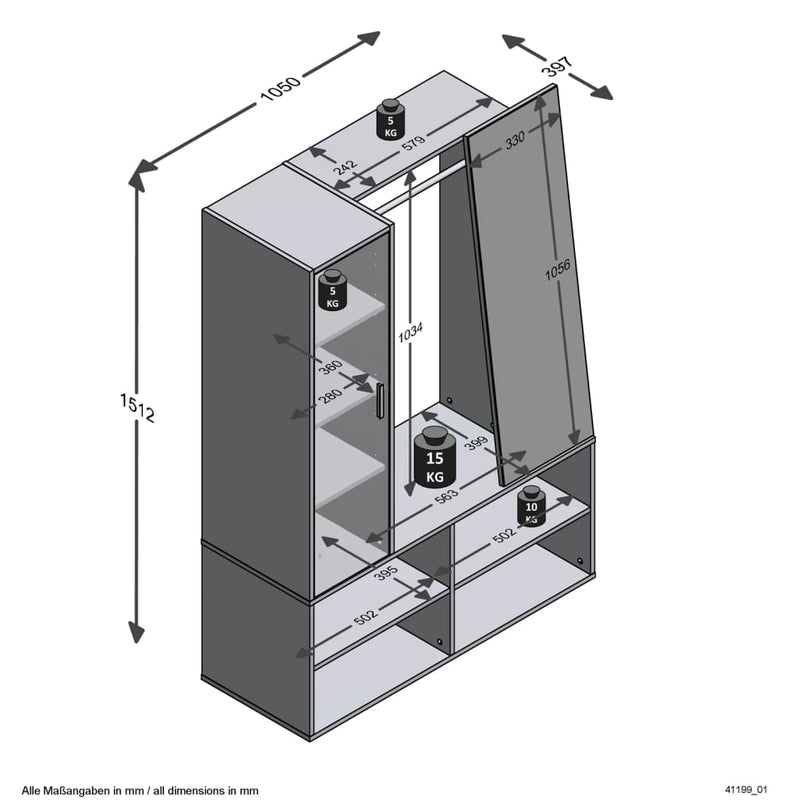 FMD Garderobe med 4 rom og speil 105x39,7x151,3 cm hvit