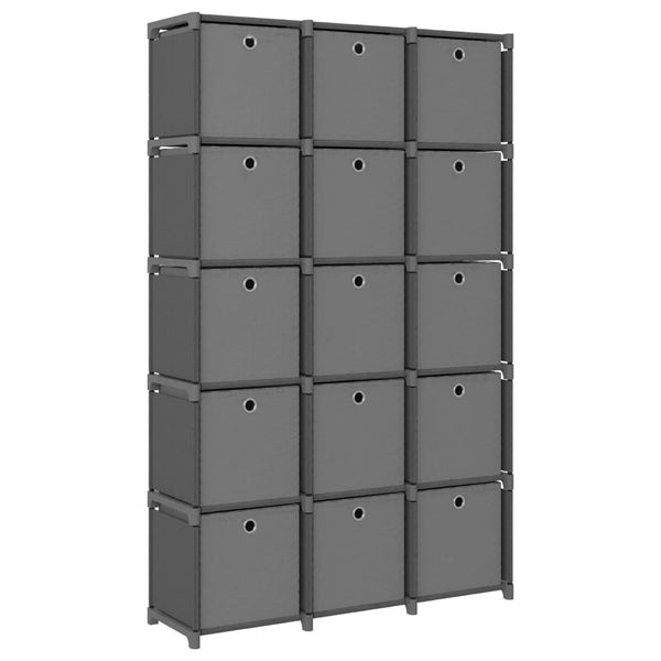 Displayhylle med 15 kuber og bokser grå 103x30x175,5 cm stoff