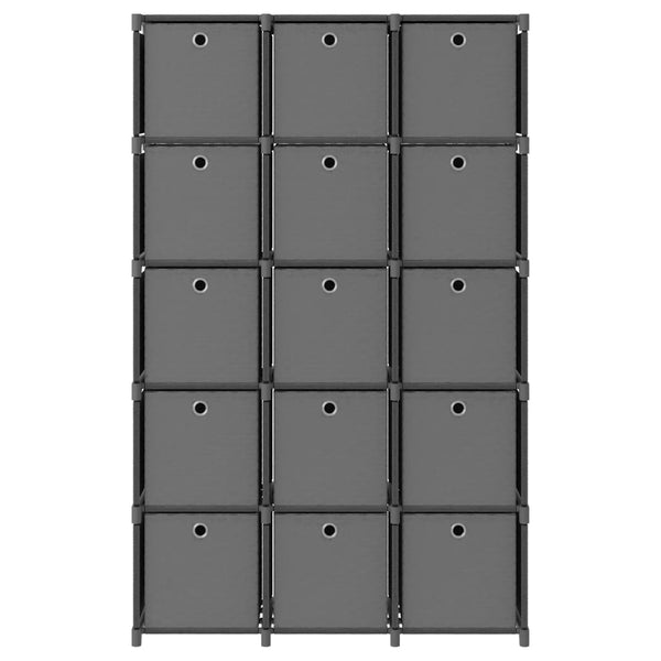 Displayhylle med 15 kuber og bokser grå 103x30x175,5 cm stoff