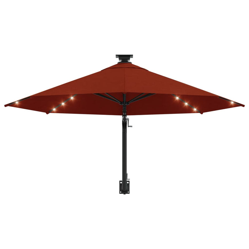 Veggmontert parasoll med LED og metallstolpe 300 cm terakotta