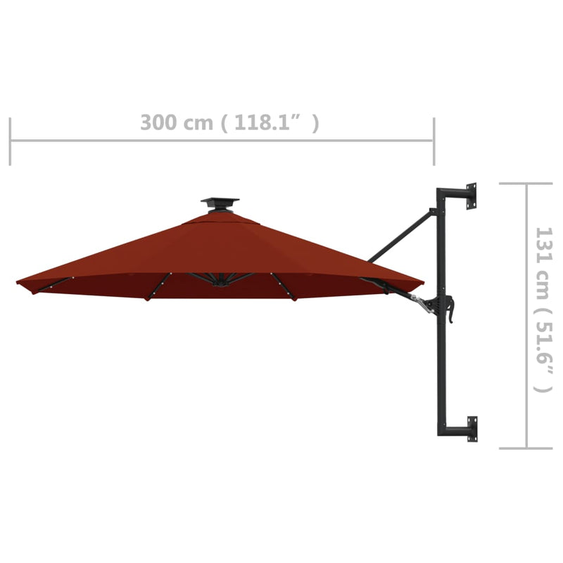 Veggmontert parasoll med LED og metallstolpe 300 cm terakotta
