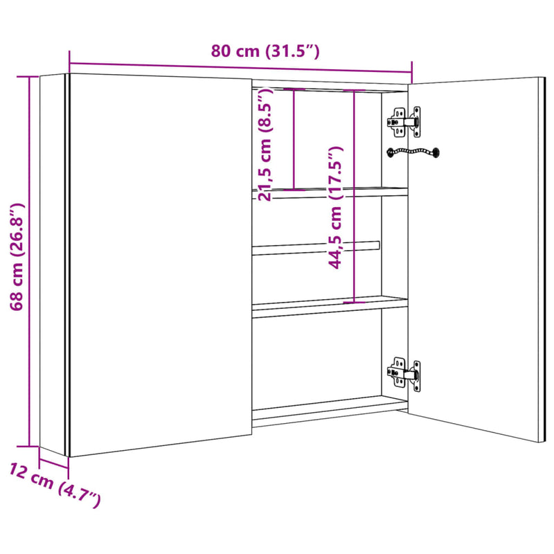 LED-speilskap til bad blank hvit 80x12x68 cm