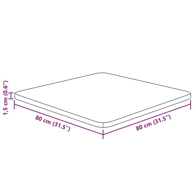 Firkantet bordplate 80x80x1,5 cm ubehandlet heltre eik