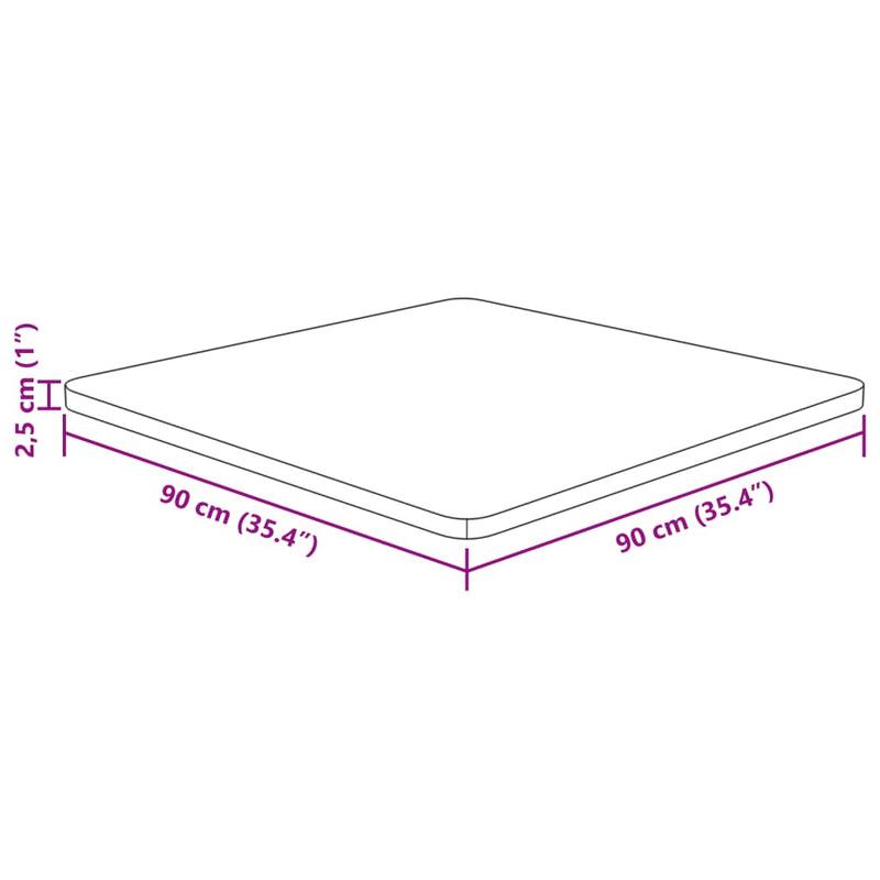 Firkantet bordplate lysebrun 90x90x2,5 cm behandlet heltre eik