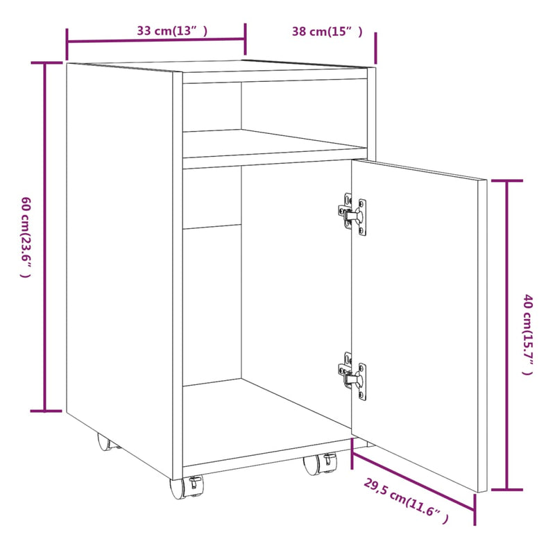 Sideskap med hjul brun eik 33x38x60 cm konstruert tre