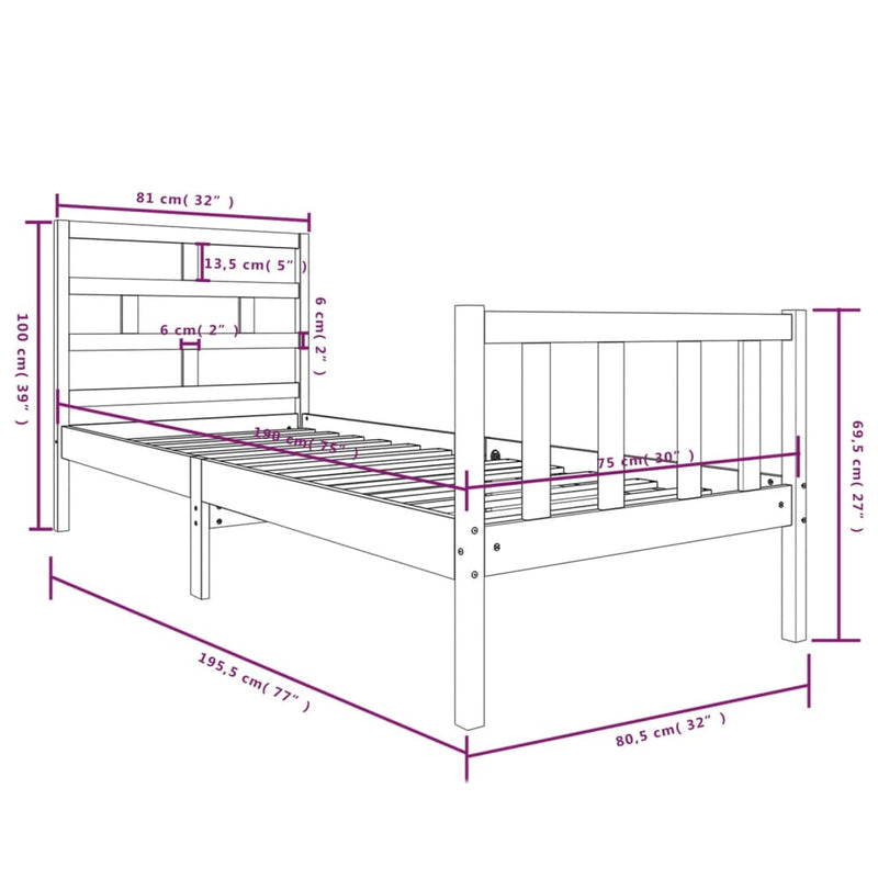 Sengeramme hvit heltre furu 75x190 cm Small Single