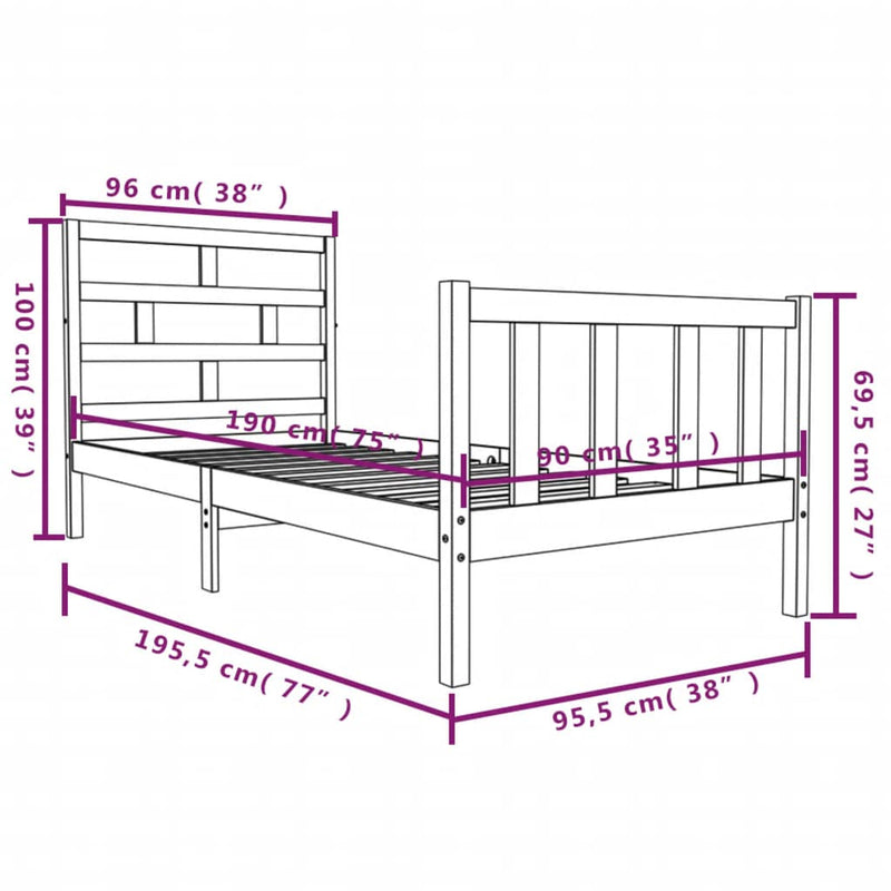 Sengeramme hvit heltre furu 90x190 cm Single