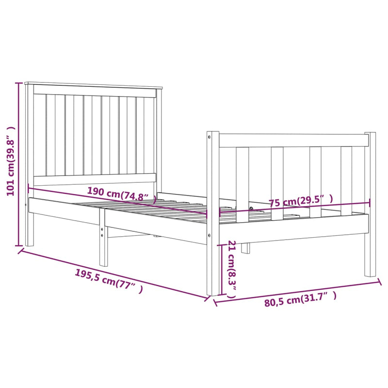 Sengeramme hvit heltre furu 75x190 cm Small Single