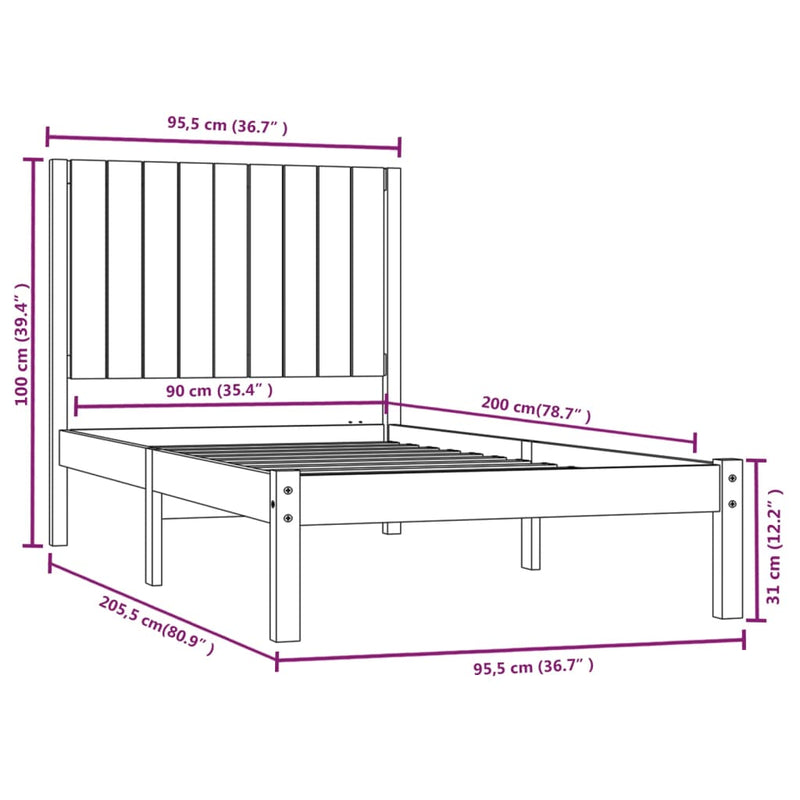 Sengeramme hvit heltre furu 90x200 cm