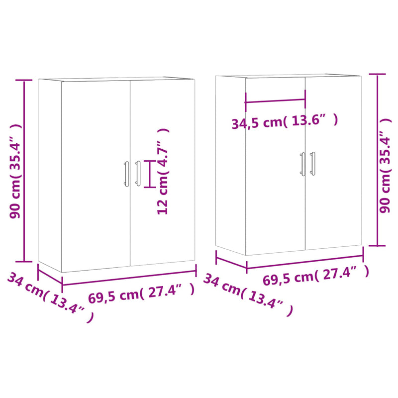 Veggskap 2 stk høyglans hvit 69,5x34x90 cm