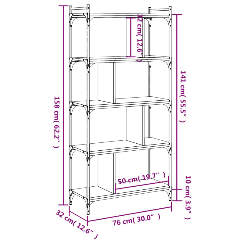 Bokhylle 5 etasjer sonoma eik 76x32x158 cm konstruert tre