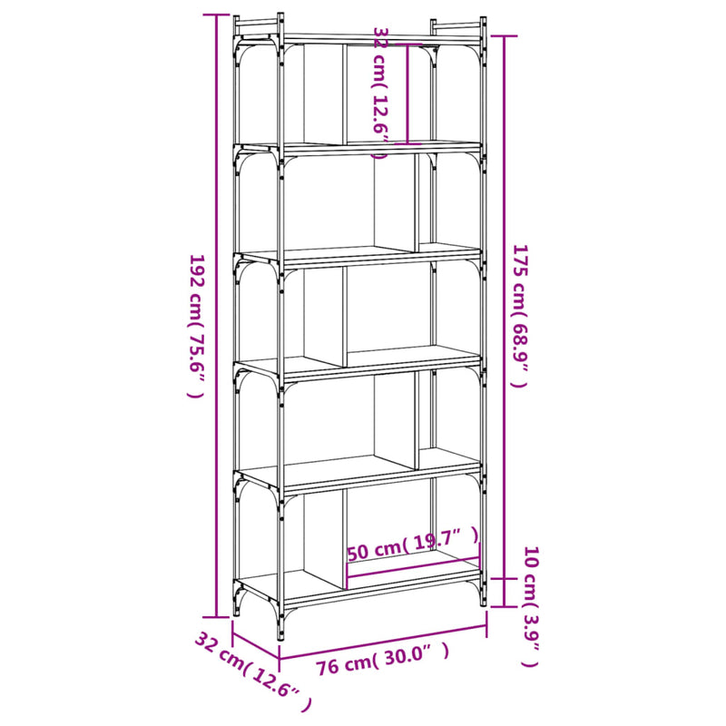 Bokhylle 6 etasjer sonoma eik 76x32x192 cm konstruert tre