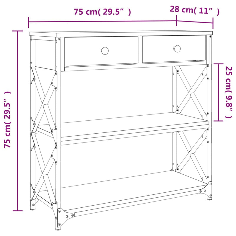 Konsollbord brun eik 75x28x75 cm konstruert tre