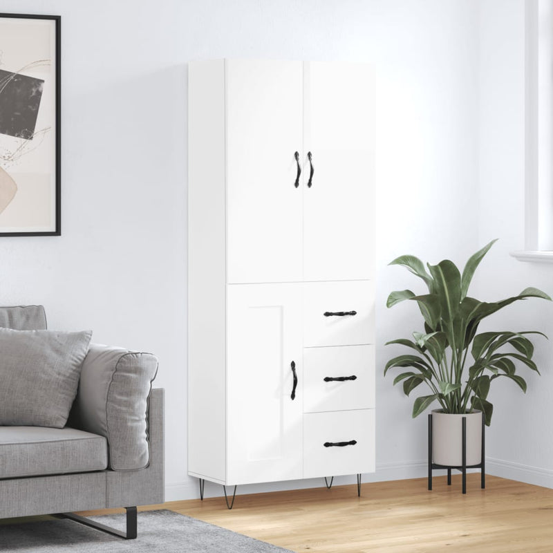 Highboard høyglans hvit 69,5x34x180 cm konstruert tre