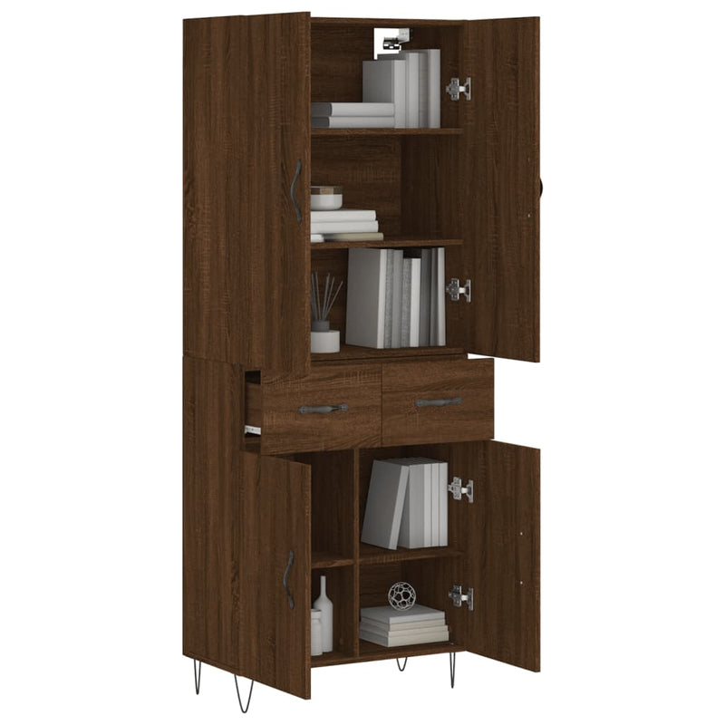 Highboard brun eik 69,5x34x180 cm konstruert tre