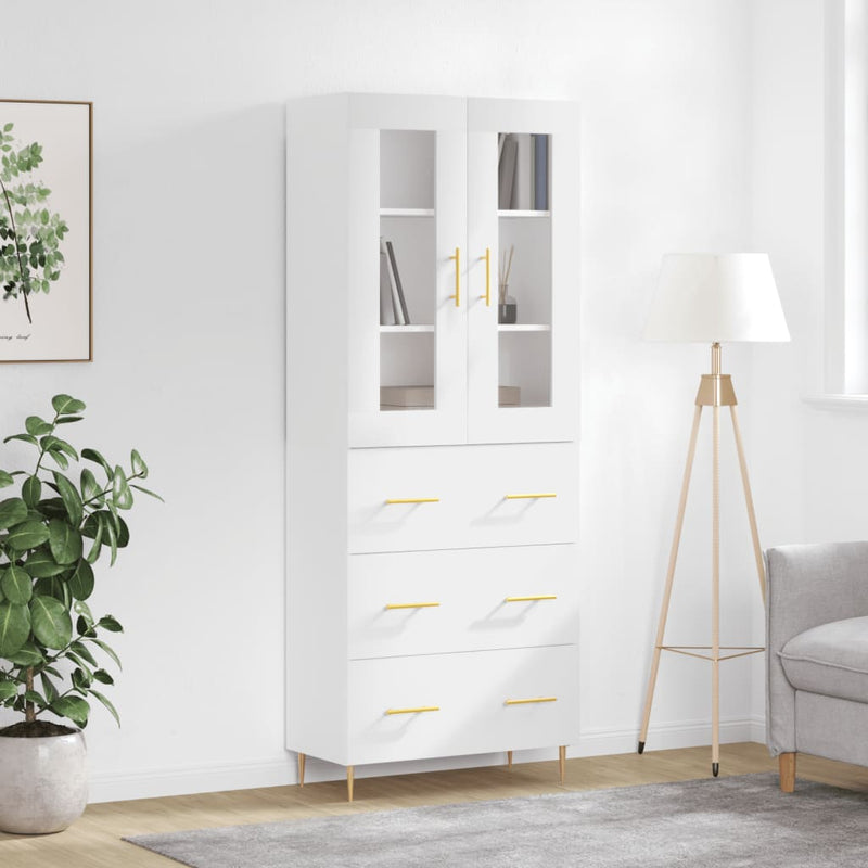 Highboard hvit 69,5x34x180 cm konstruert tre