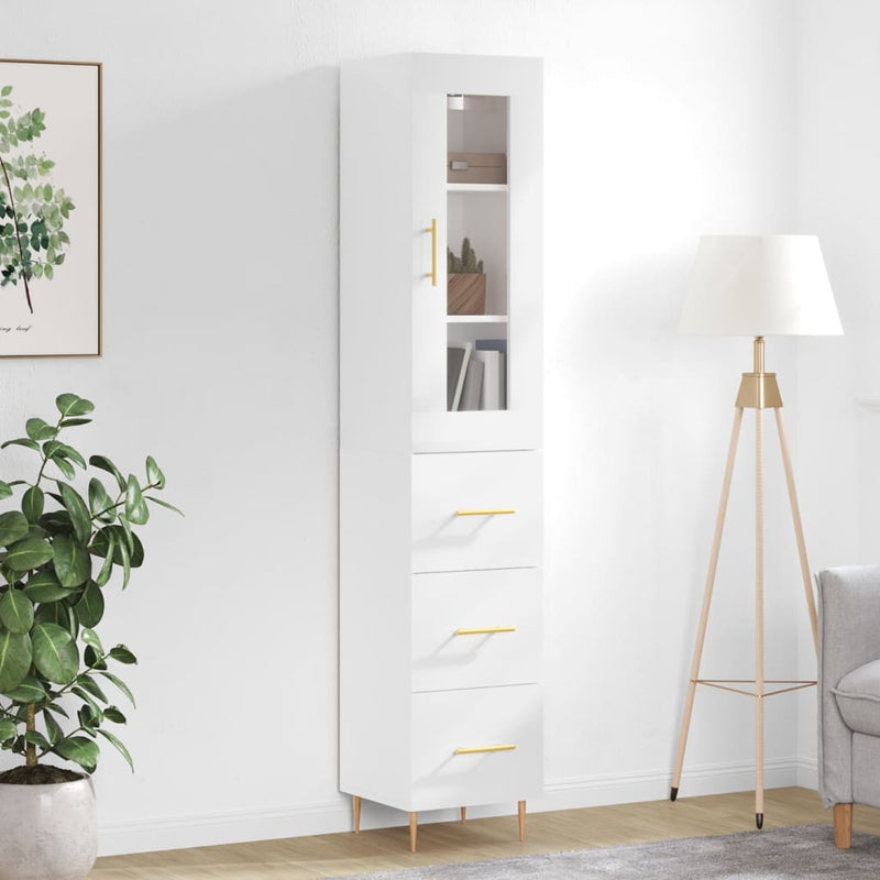 Highboard høyglans hvit 34,5x34x180 cm konstruert tre