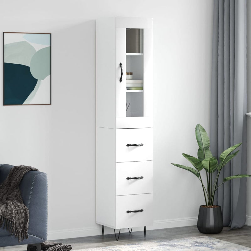 Highboard høyglans hvit 34,5x34x180 cm konstruert tre