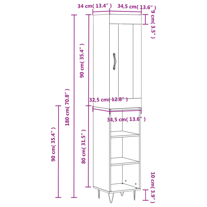 Highboard høyglans hvit 34,5x34x180 cm konstruert tre