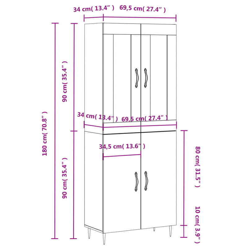 Highboard røkt eik 69,5x34x180 cm konstruert tre