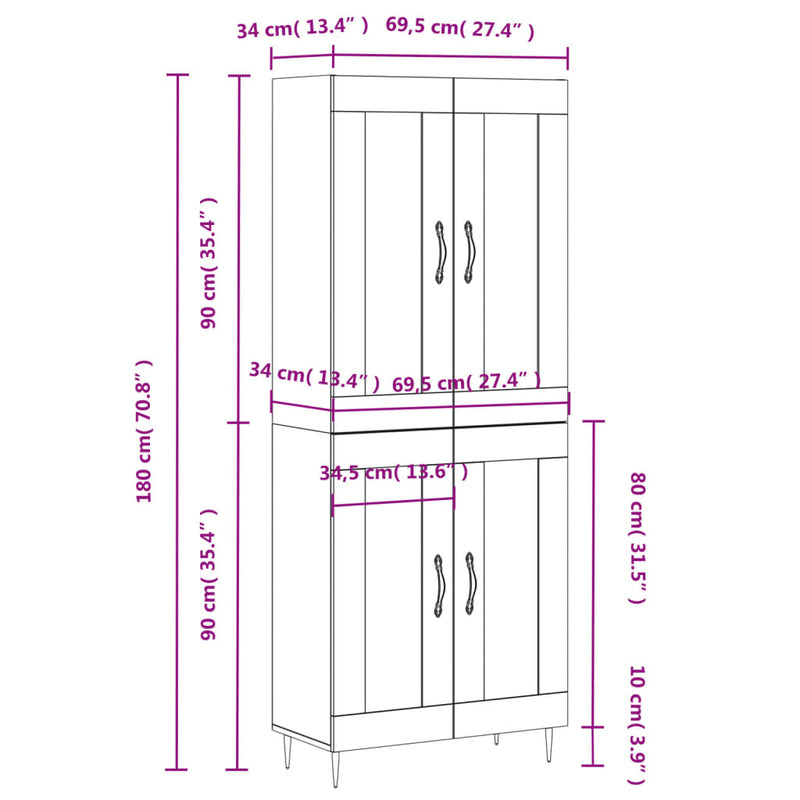 Highboard betong grå 69,5x34x180 cm konstruert tre