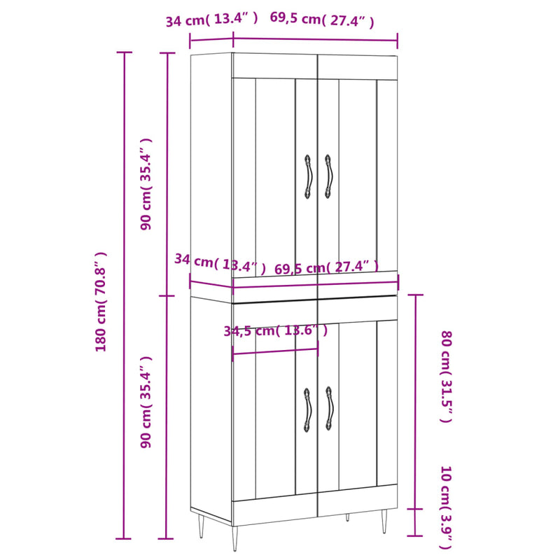 Highboard røkt eik 69,5x34x180 cm konstruert tre