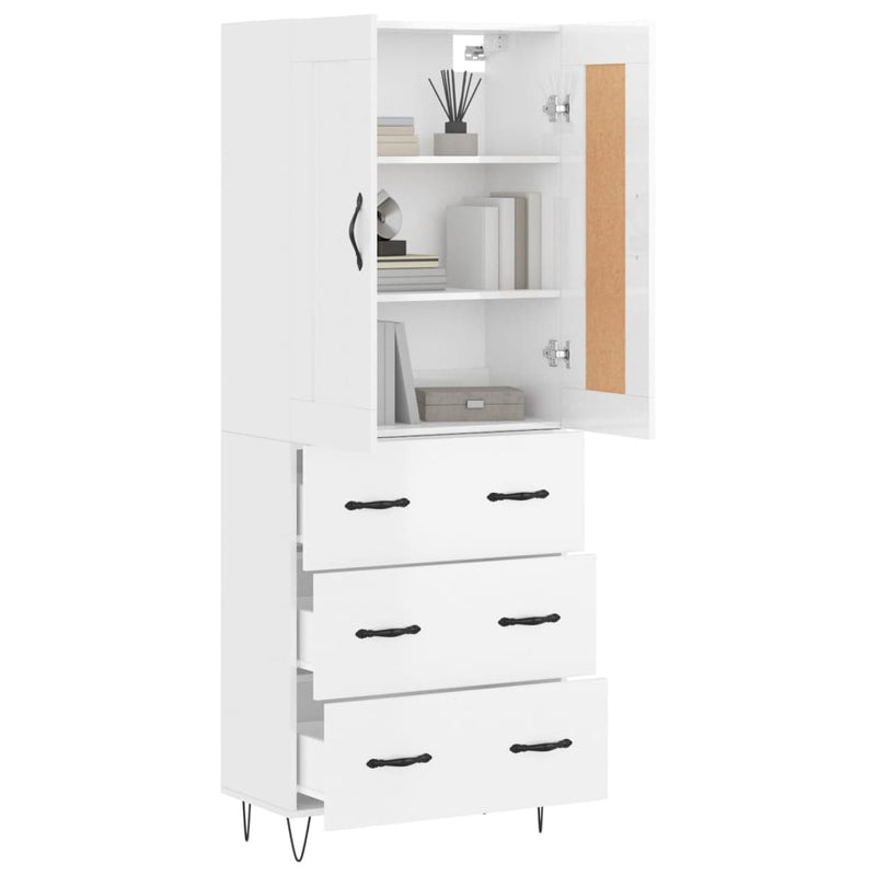 Highboard høyglans hvit 69,5x34x180 cm konstruert tre