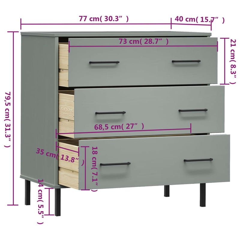 Skjenk med 3 skuffer grå 77x40x79,5 cm heltre OSLO