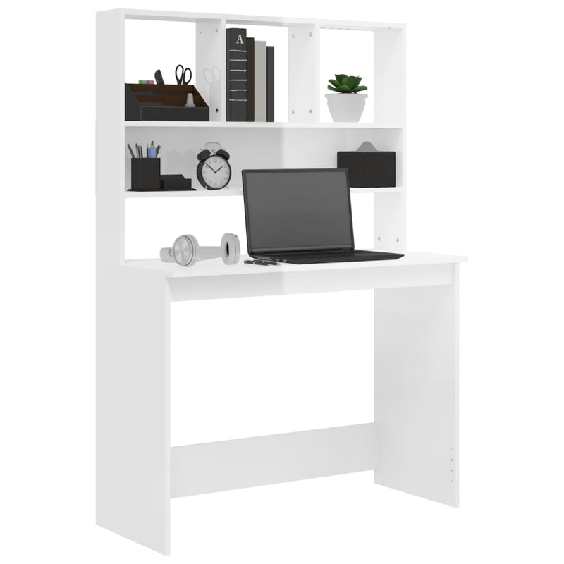 Skrivebord med hyller høyglans hvit 102x45x148cm konstruert tre