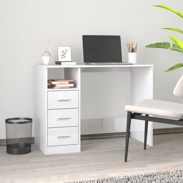 Skrivebord med skuffer høyglans hvit 102x50x76cm konstruert tre