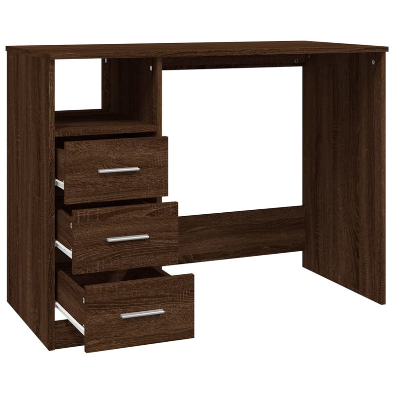 Skrivebord med skuffer brun eik 102x50x76 cm konstruert tre
