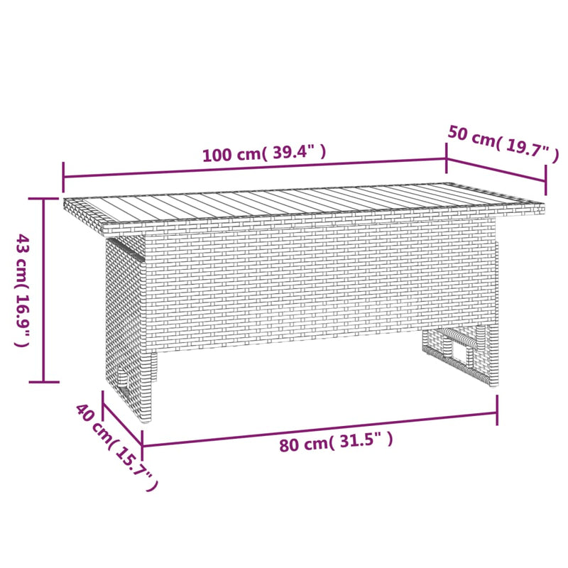 Hagebord grå 100x50x43/63 cm heltre akasie og polyrotting