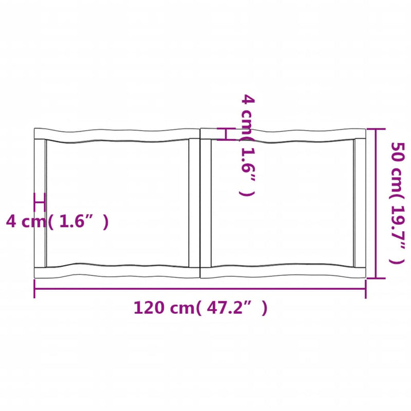 Bordplate 120x50x(2-6) cm ubehandlet heltre eik naturlig kant