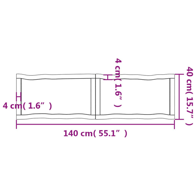 Bordplate 140x40x(2-6) cm ubehandlet heltre eik naturlig kant